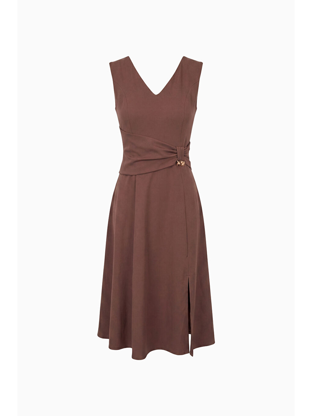 Kadın Kahverengi V Yaka Yırtmaçlı Midi Kloş Davet Elbisesi-6