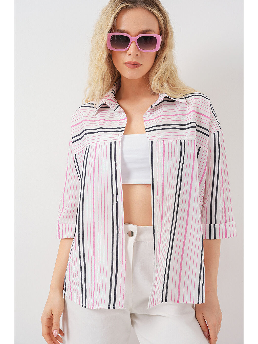 Kadın Çizgili Kısa Kol Gömlek 20344 - Pembe-3