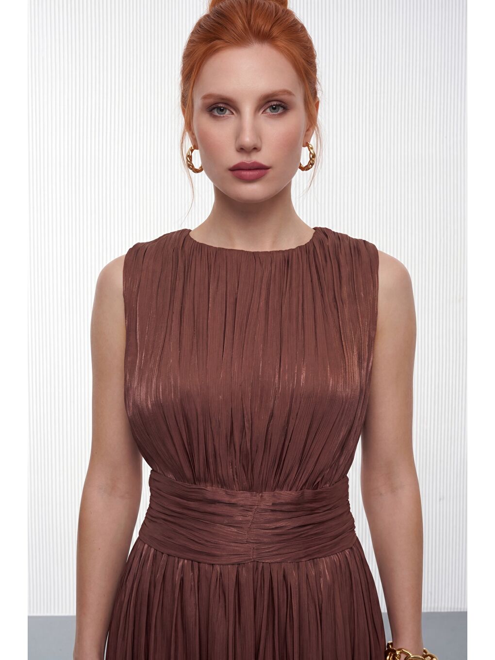 Kadın Kahverengi Bisiklet Yaka Pileli Uzun Davet Elbisesi-2