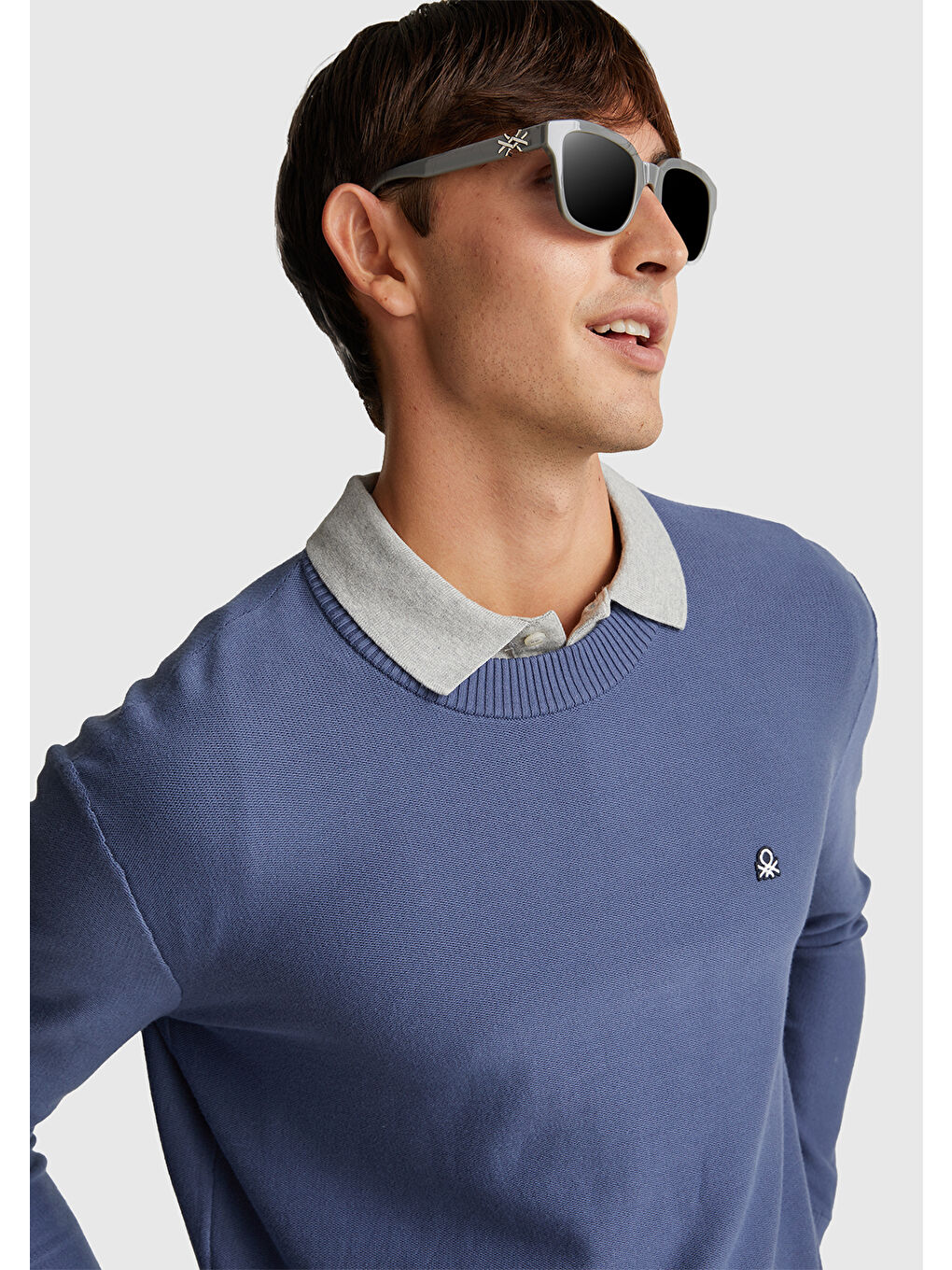 Turkuaz Erkek Havacı Mavi Pamuk Karışımlı Önü Logo İşlemeli Bisiklet Yaka Kazak-5