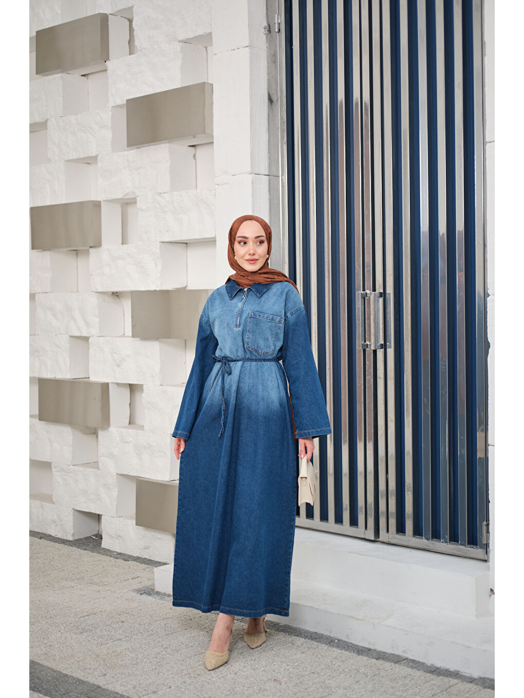Kadın Tonsürton Detaylı Bel Bağlamalı Jean Elbise Mavi-3