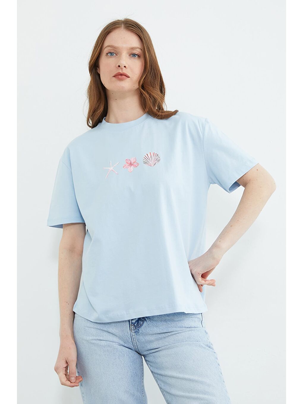 Mavi Baskılı Bisiklet Yaka Salaş Tişört