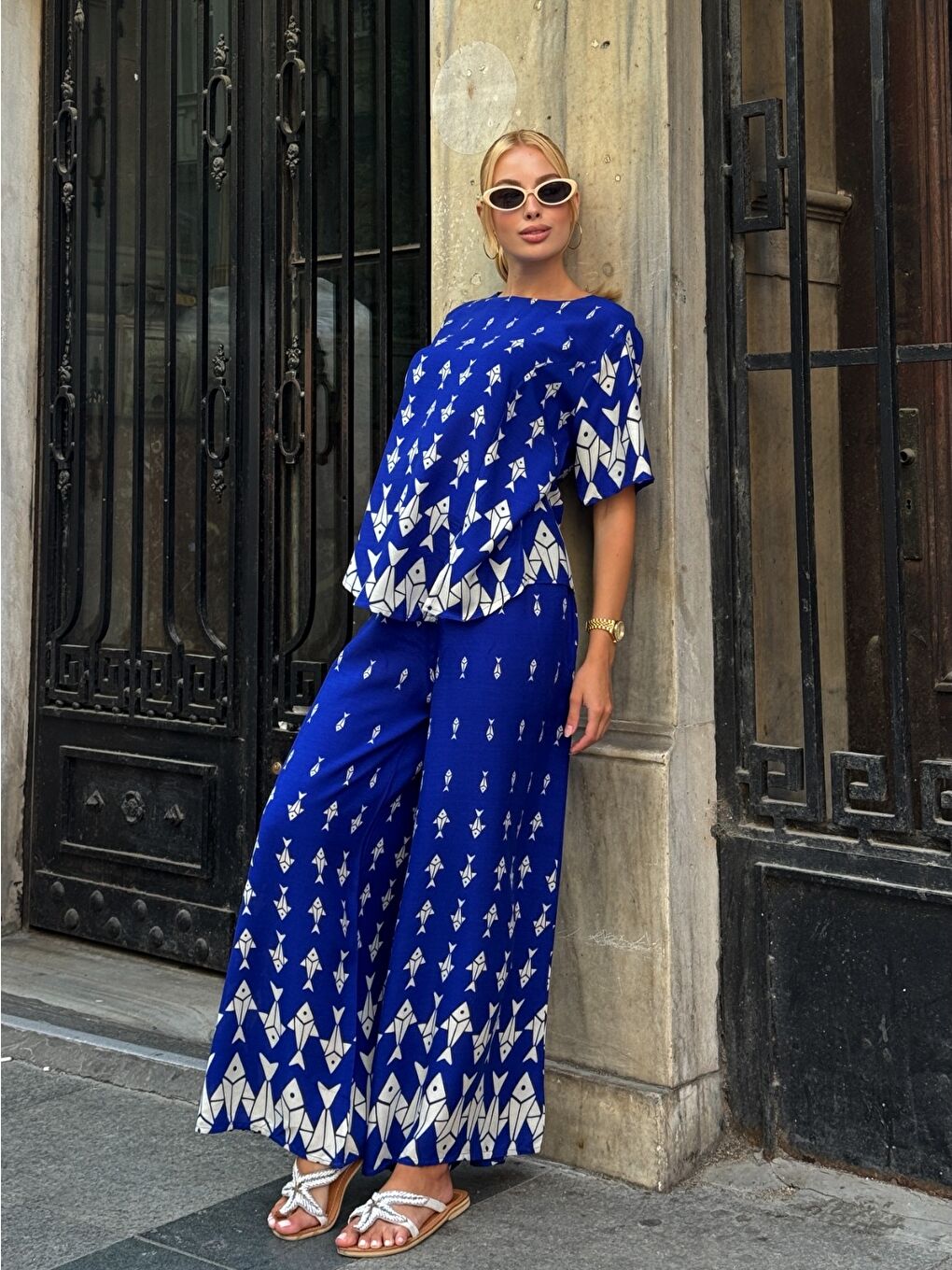 Mavi Viskon Kumaş Desenli Bol Paça Alt Üst Takım-1