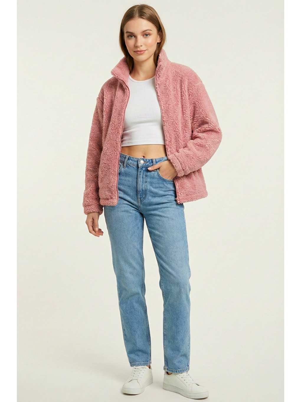 Pembe Kadın Pelüş Tam Fermuarlı Cepli Sherpa Kuzu Kumaş Oversize Pelüş Polar Sweatshirt-1