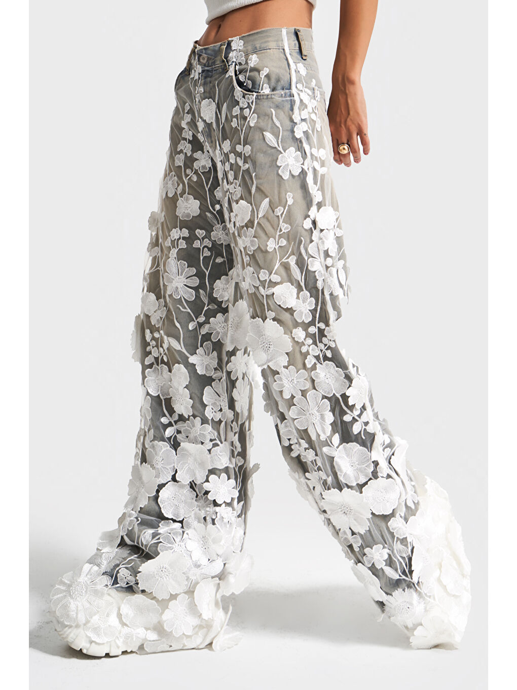 Mavi Kadın Jean Rengi Beyaz Çiçek Dantel Tül Detaylı Palazzo Fit Özel Tasarım Denim Jean-2