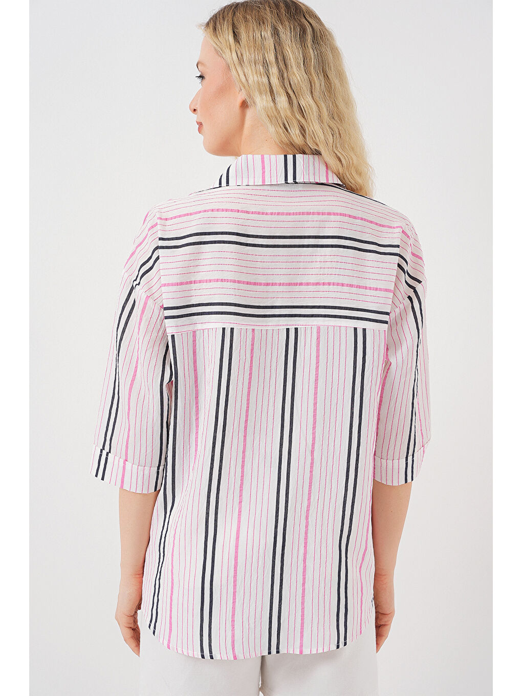 Kadın Çizgili Kısa Kol Gömlek 20344 - Pembe-5