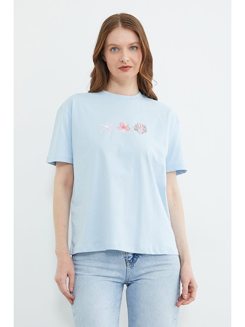 Mavi Baskılı Bisiklet Yaka Salaş Tişört-1