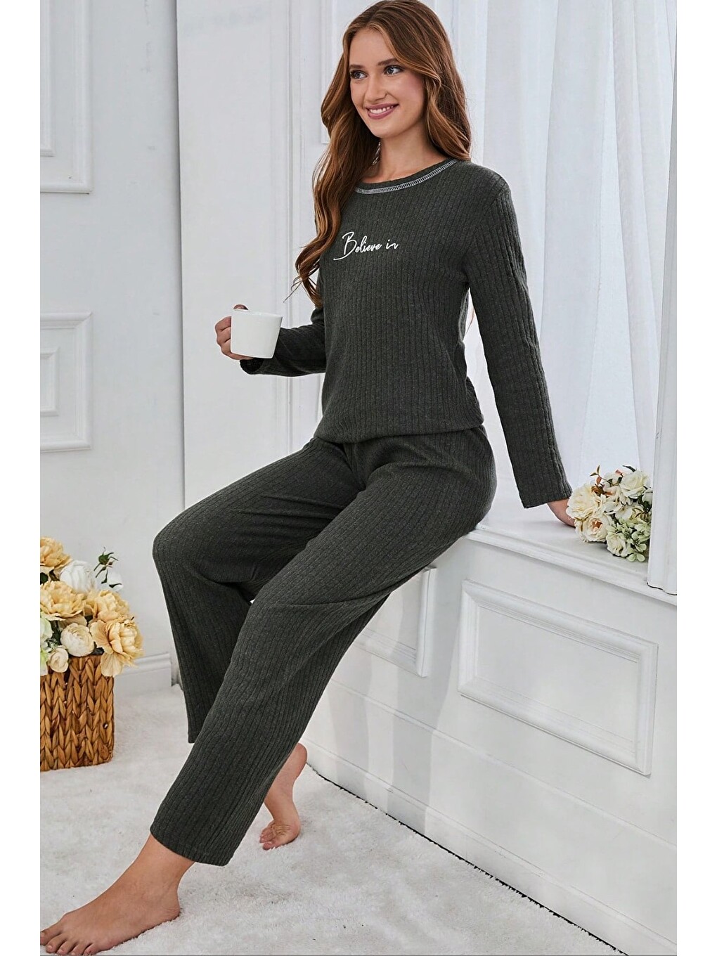 Haki Büyük Beden Tavşan Baskılı Pijama Takımı-1