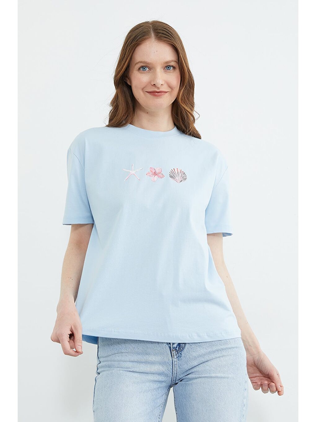 Mavi Baskılı Bisiklet Yaka Salaş Tişört-2