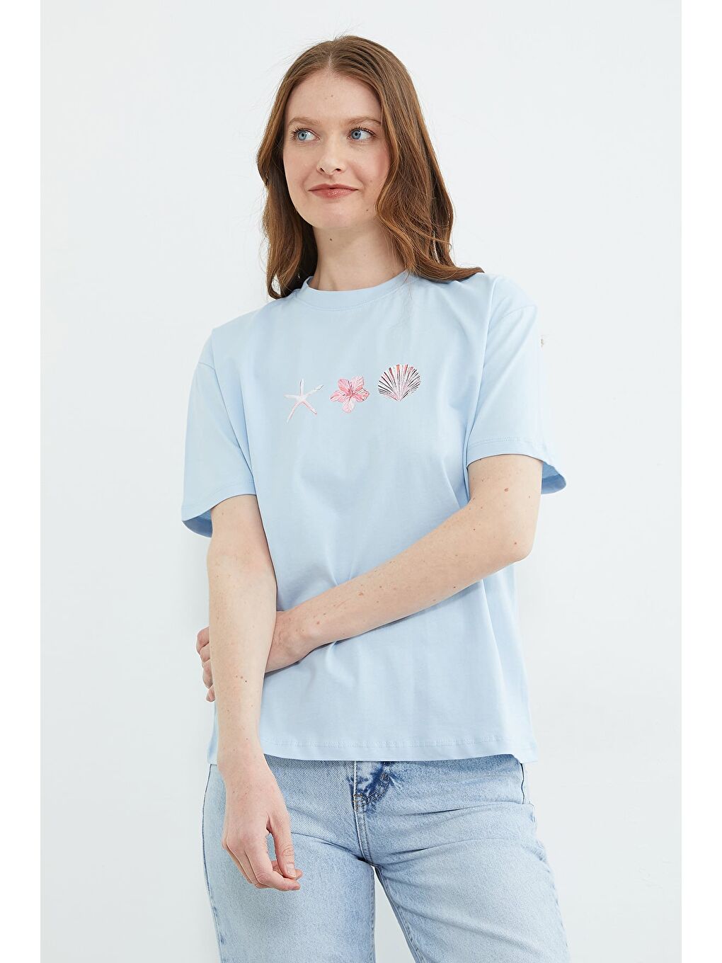 Mavi Baskılı Bisiklet Yaka Salaş Tişört-3