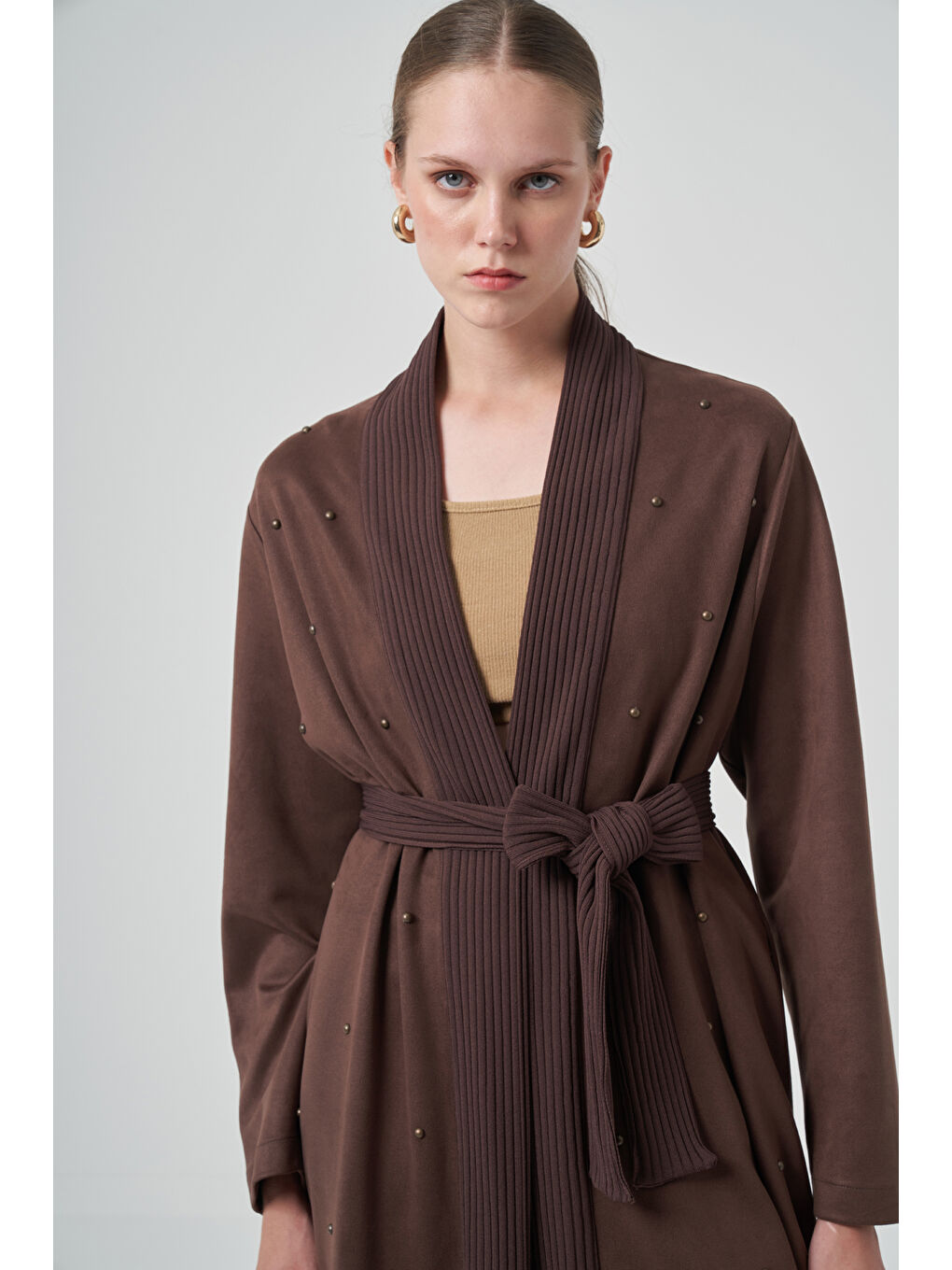 Boncuk İşlemeli Triko Kemer Detay Süet Kap Ceket 6001 Kahverengi-1