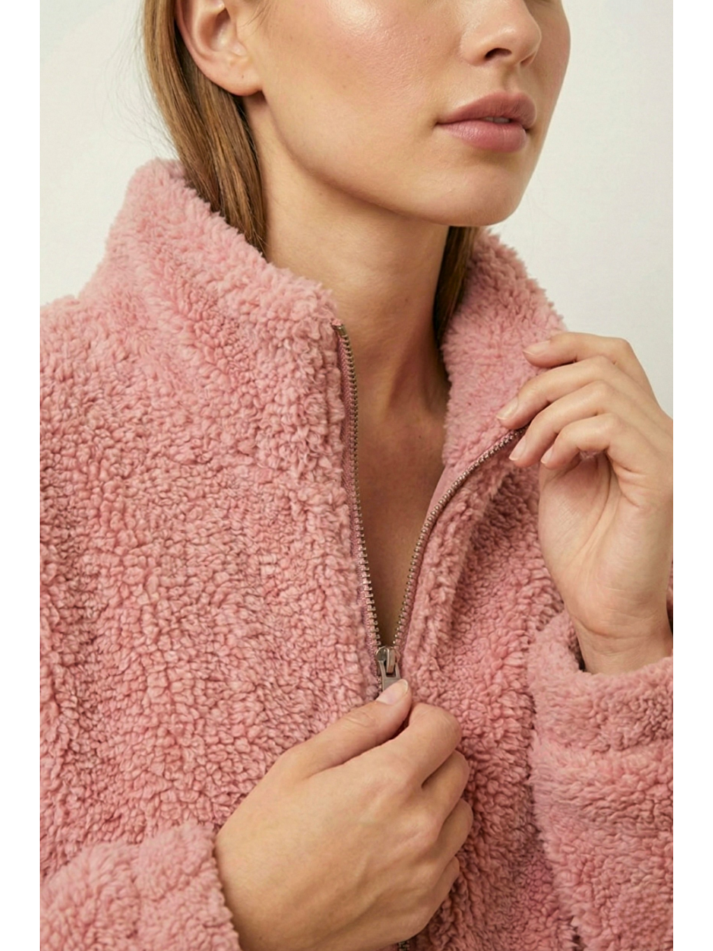 Pembe Kadın Pelüş Tam Fermuarlı Cepli Sherpa Kuzu Kumaş Oversize Pelüş Polar Sweatshirt-2