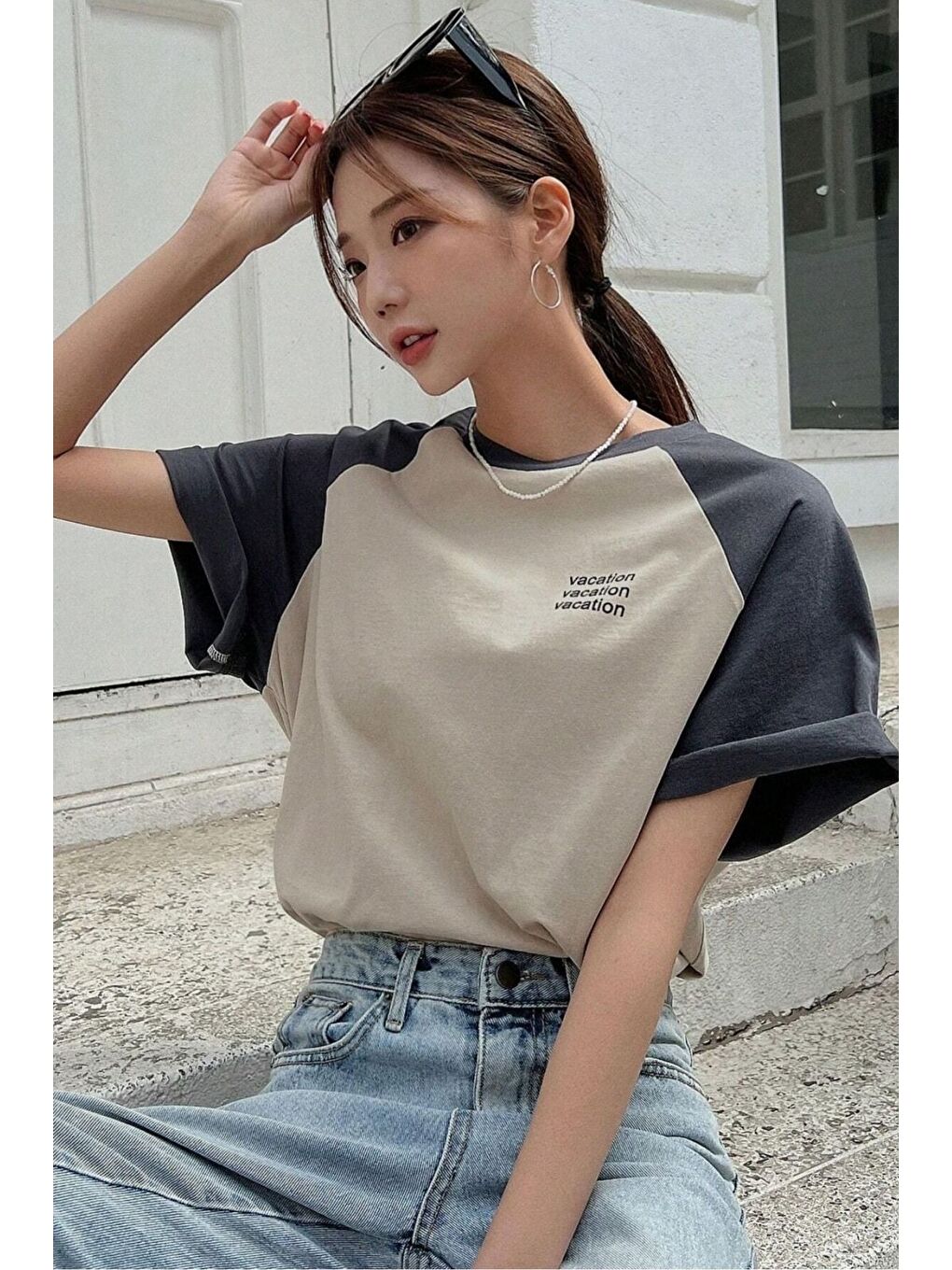 Vocation Parçalı Süprem T Shirt   Bej Füme Baskılı Oversize Bisiklet Yaka Kısa Kol Tişört