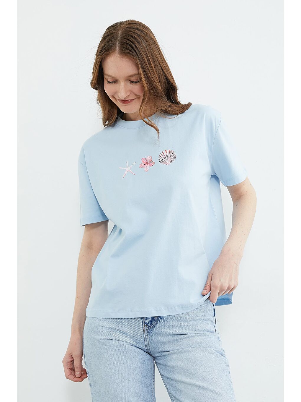 Mavi Baskılı Bisiklet Yaka Salaş Tişört-4