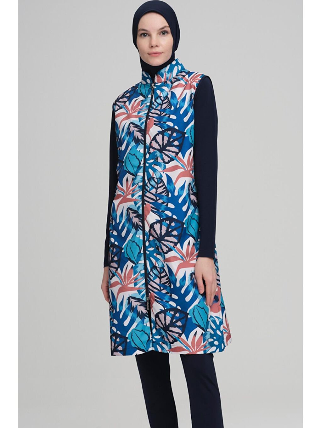 Renkli Yaprak Desen Lacivert Jileli 3 Parça Tam Tesettür Mayo Takımı 2218-1