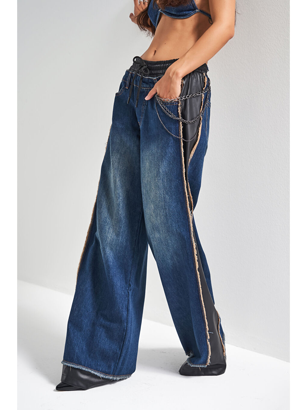 Mavi Kadın Jean Rengi Palazzo Fit Deri Denim Karışımlı Özel Tasarım Denim Jean