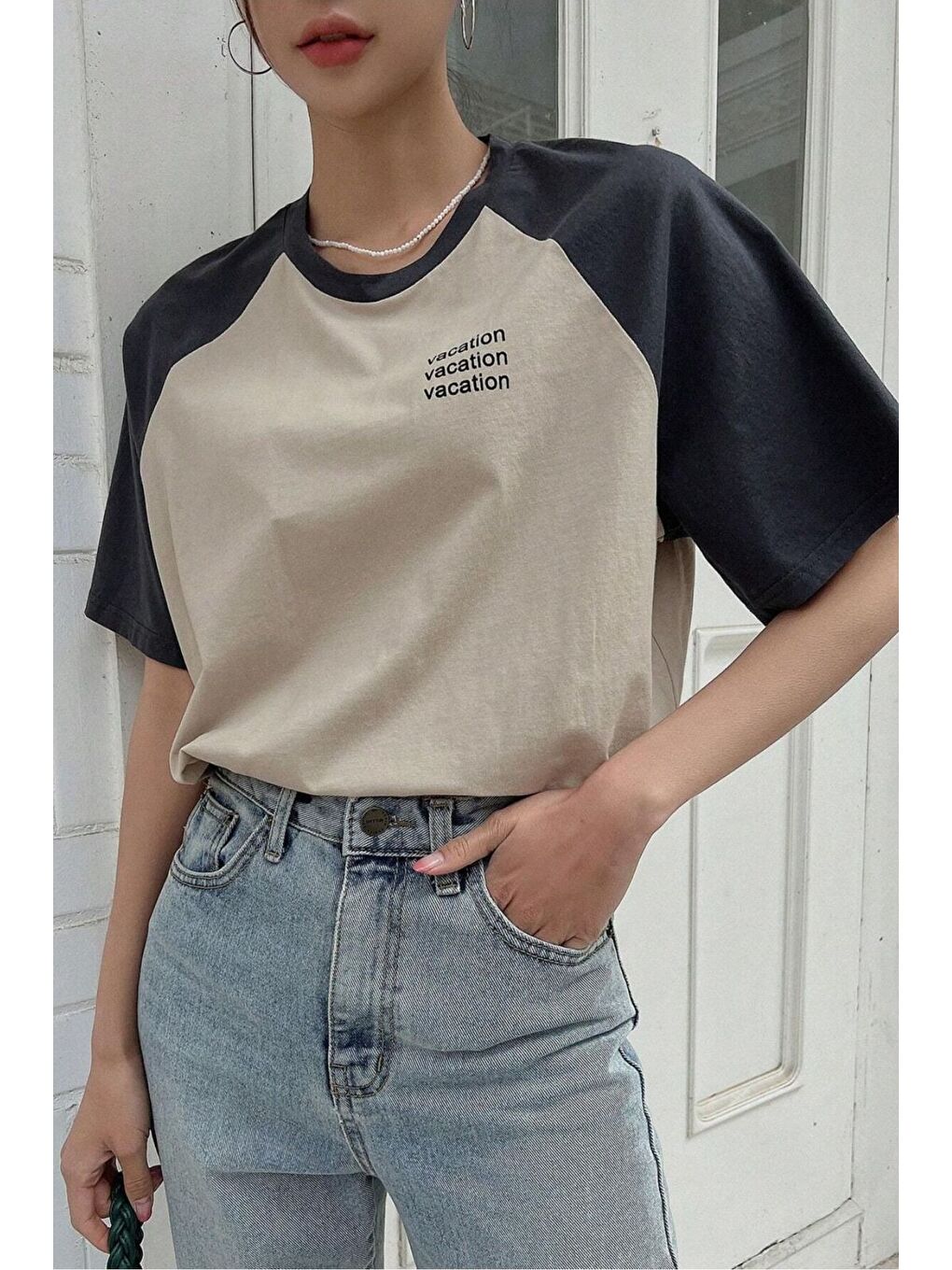 Vocation Parçalı Süprem T Shirt   Bej Füme Baskılı Oversize Bisiklet Yaka Kısa Kol Tişört-2