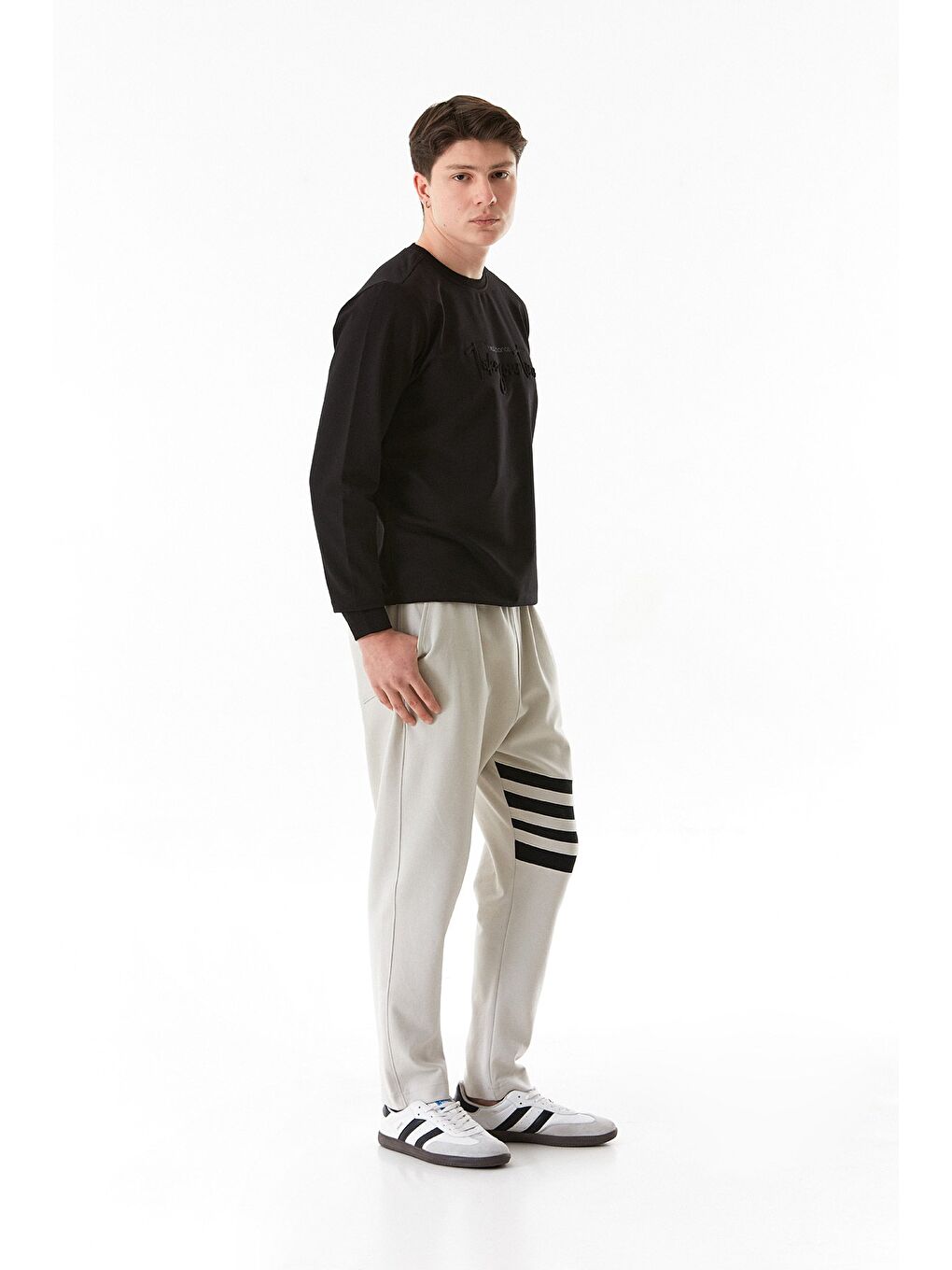 Bej Bacağı Şeritli Beli Lastikli Eşofman Altı