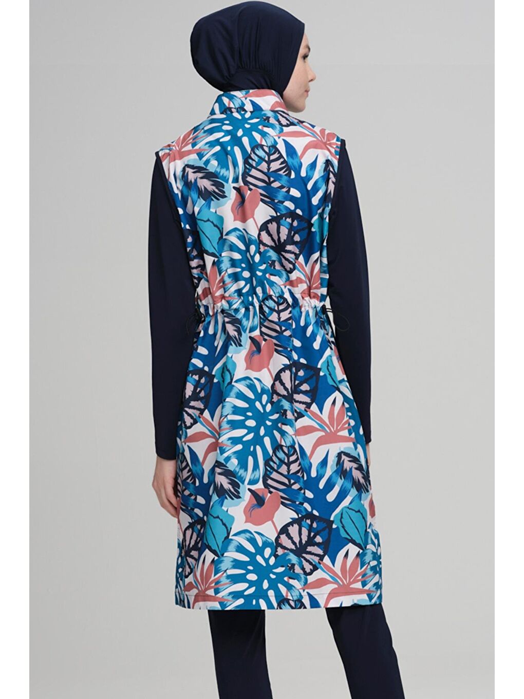 Renkli Yaprak Desen Lacivert Jileli 3 Parça Tam Tesettür Mayo Takımı 2218-2