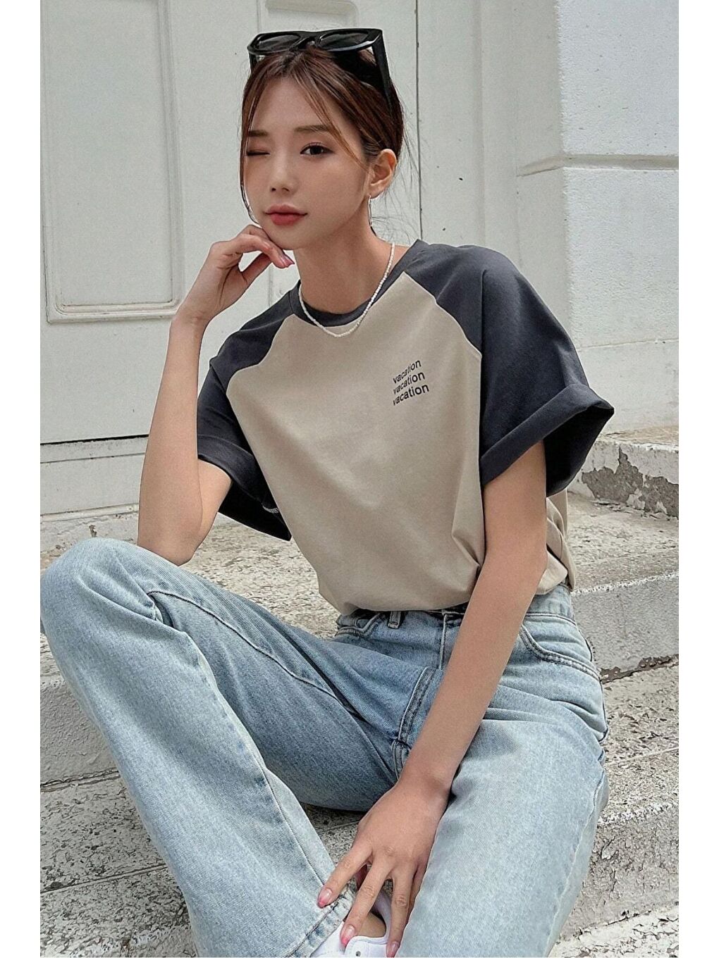 Vocation Parçalı Süprem T Shirt   Bej Füme Baskılı Oversize Bisiklet Yaka Kısa Kol Tişört-3