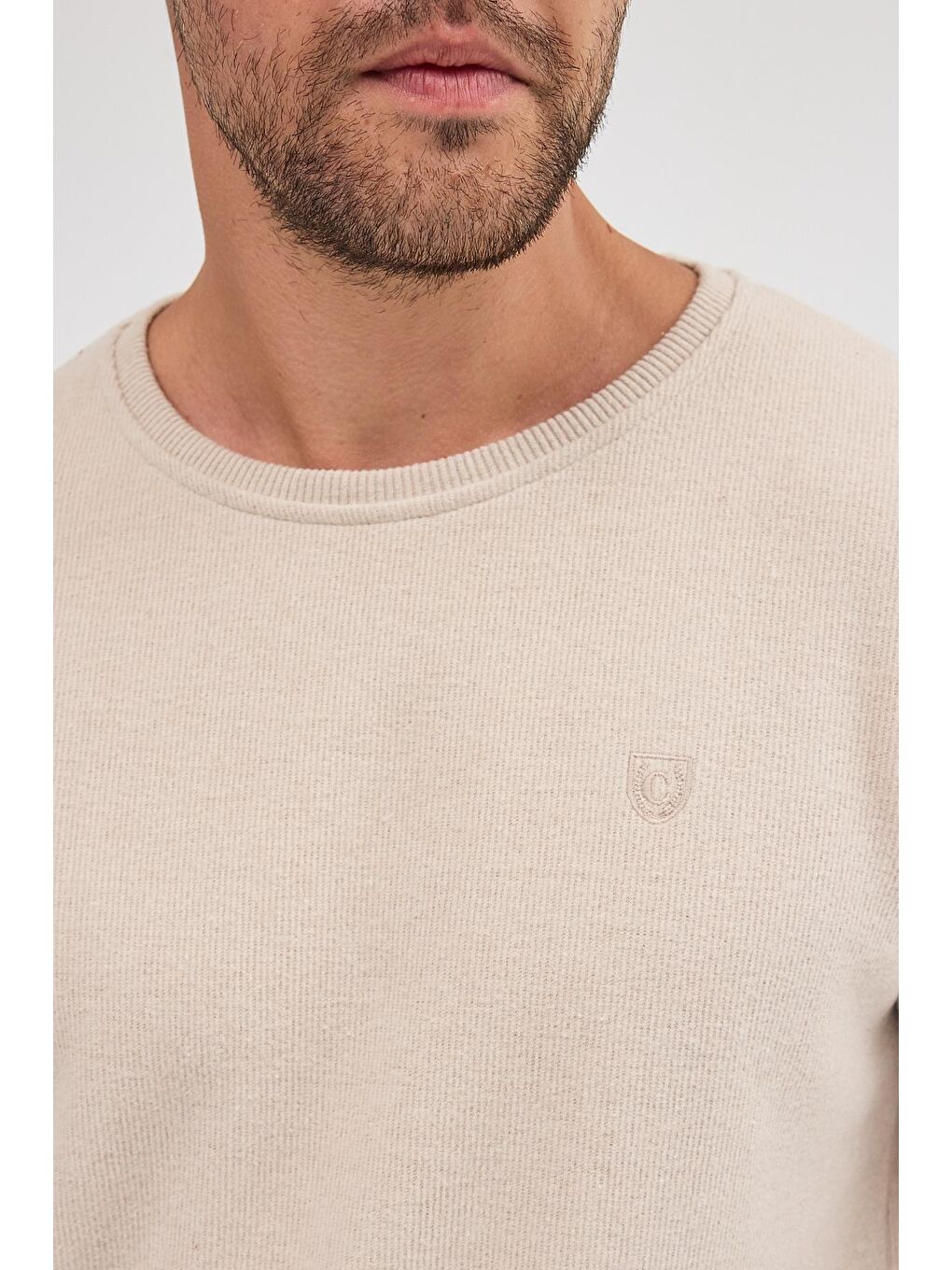 Erkek Bej Standart Fit Normal Kesim Pamuklu Basic Bisiklet Yaka Büyük Beden Sweatshirt MTLCE113-Bej-5