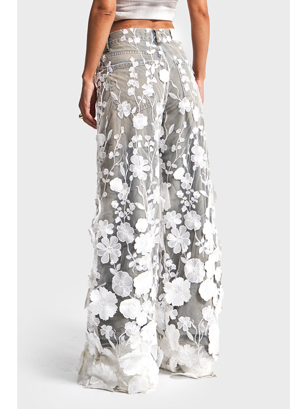 Mavi Kadın Jean Rengi Beyaz Çiçek Dantel Tül Detaylı Palazzo Fit Özel Tasarım Denim Jean-4