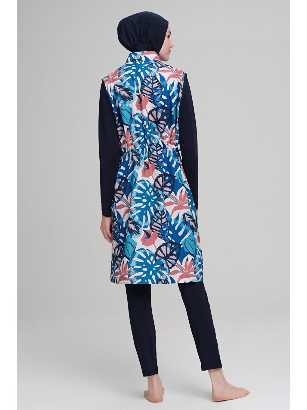 Renkli Yaprak Desen Lacivert Jileli 3 Parça Tam Tesettür Mayo Takımı 2218-3