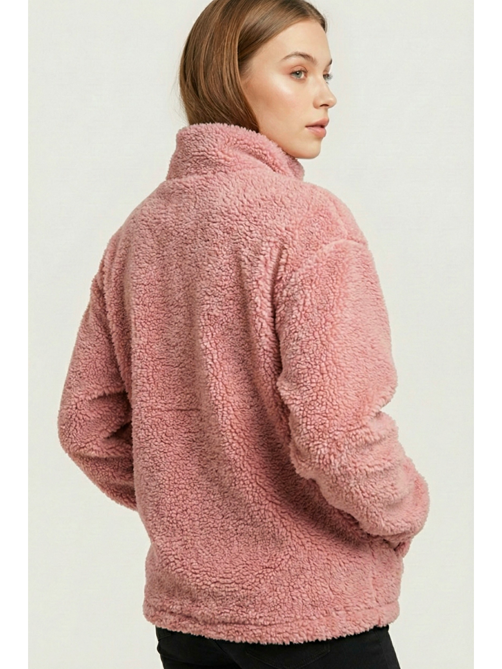Pembe Kadın Pelüş Tam Fermuarlı Cepli Sherpa Kuzu Kumaş Oversize Pelüş Polar Sweatshirt-3
