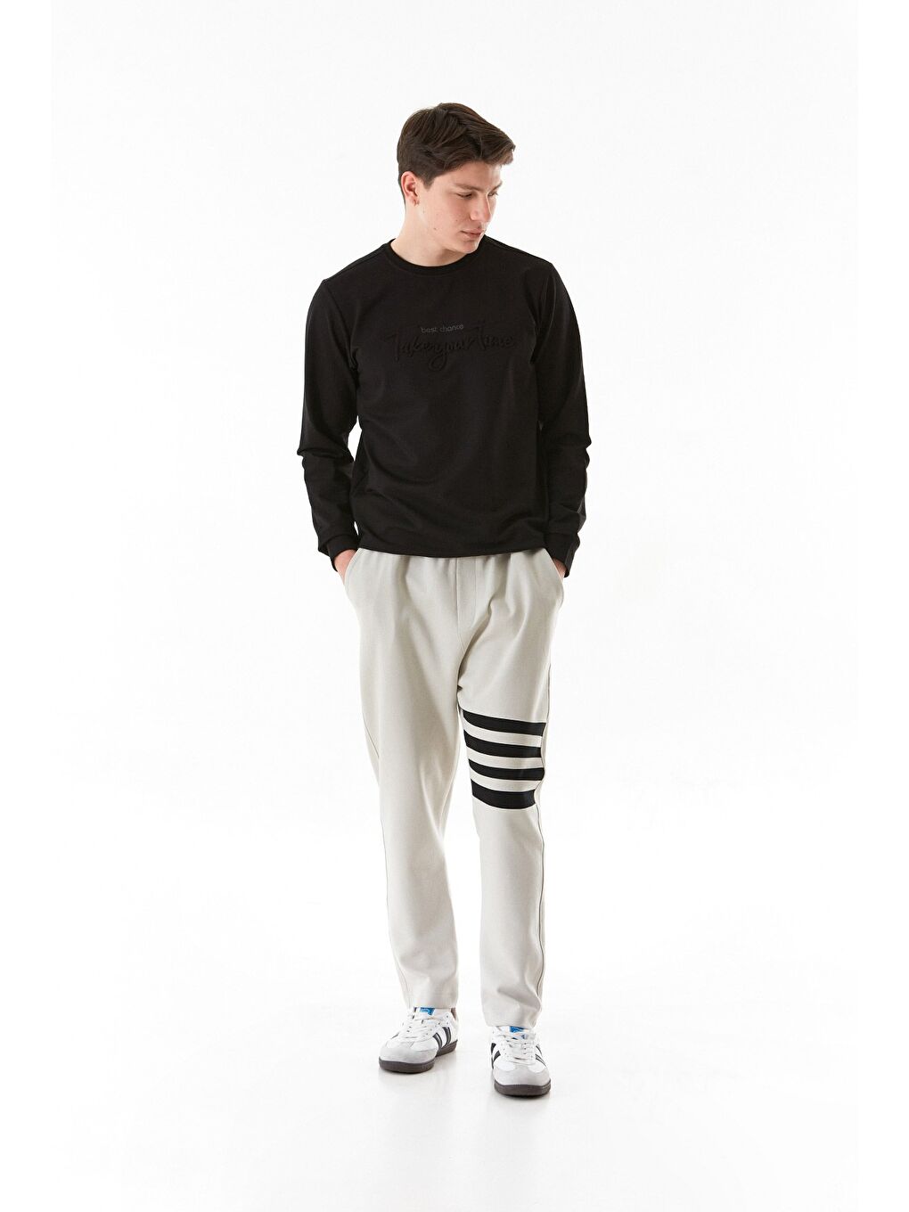 Bej Bacağı Şeritli Beli Lastikli Eşofman Altı-2