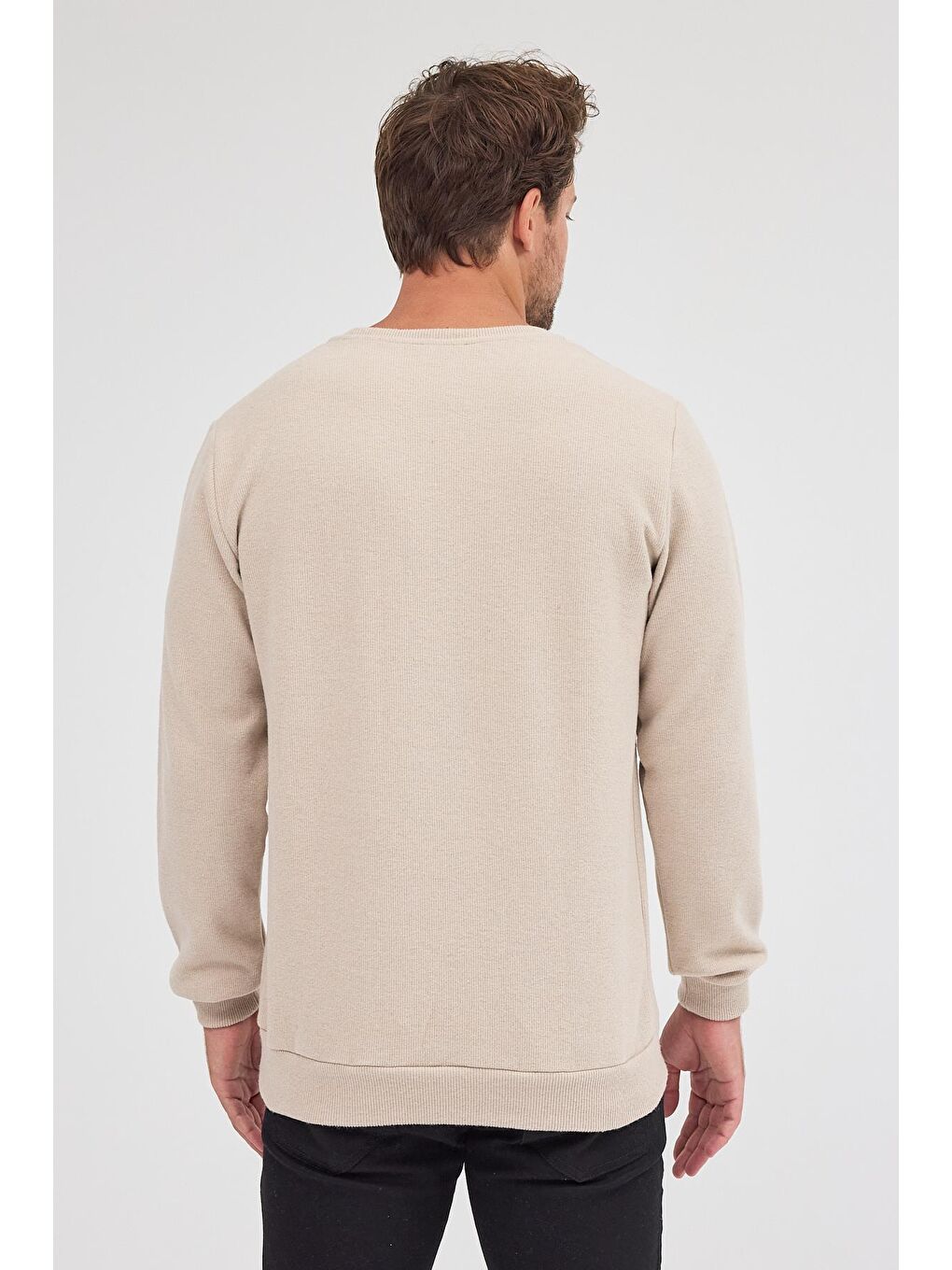 Erkek Bej Standart Fit Normal Kesim Pamuklu Basic Bisiklet Yaka Büyük Beden Sweatshirt MTLCE113-Bej-6