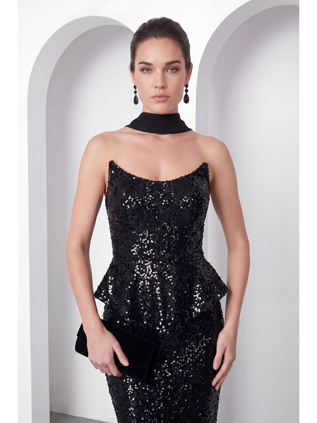 Kadın Siyah Şal Yaka Pul Payet Uzun Balık Abiye Elbise-1