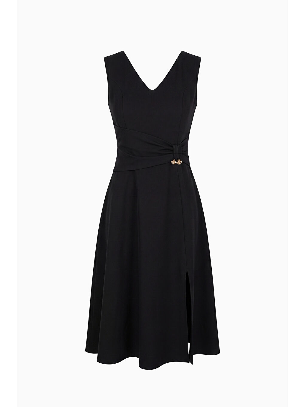 Kadın Siyah V Yaka Yırtmaçlı Midi Kloş Davet Elbisesi-6