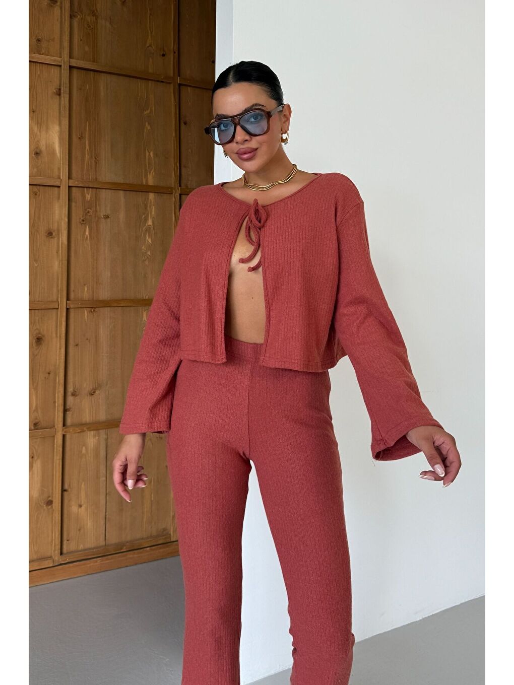 Turuncu Kadın Kiremit Önden Bağcık Detay Fitilli Crop Pantolon Takım-1