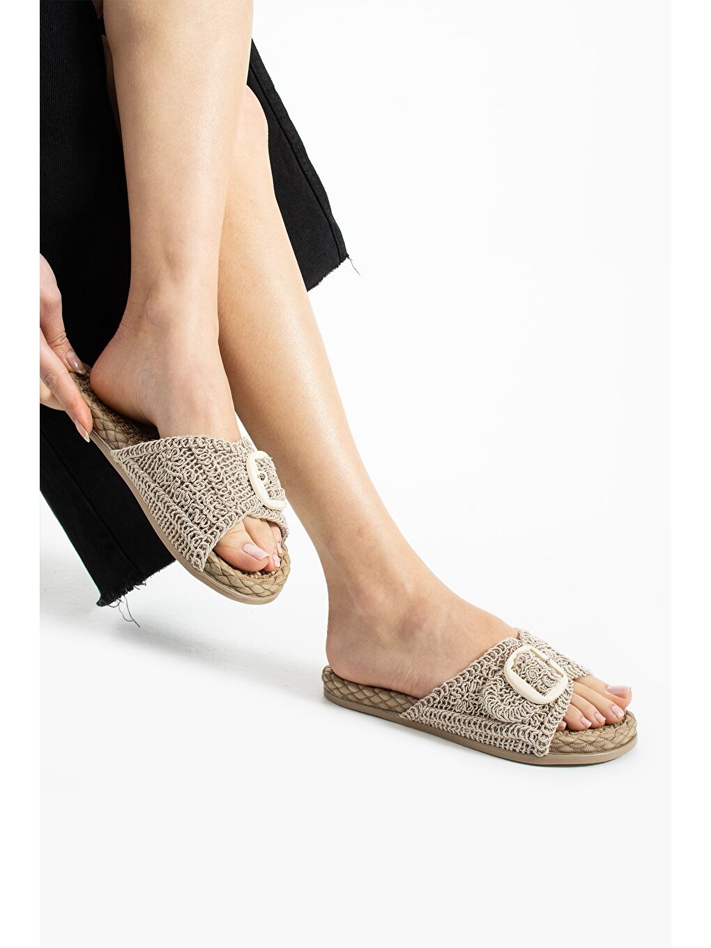 Bej ROYAL Tokalı Hasır Kadın Terlik Dış Mekan ve Ev Terliği-1