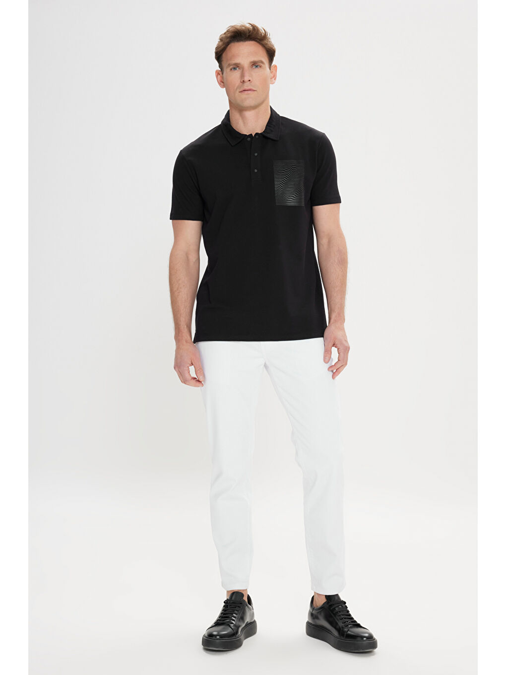 Erkek Siyah Slim Fit Dar Kesim %100 Pamuk Baskılı Polo Yaka Tişört-1