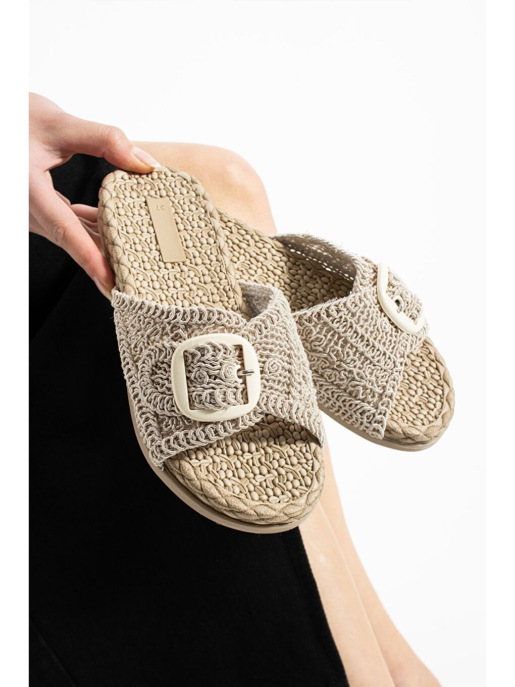 Bej ROYAL Tokalı Hasır Kadın Terlik Dış Mekan ve Ev Terliği-2