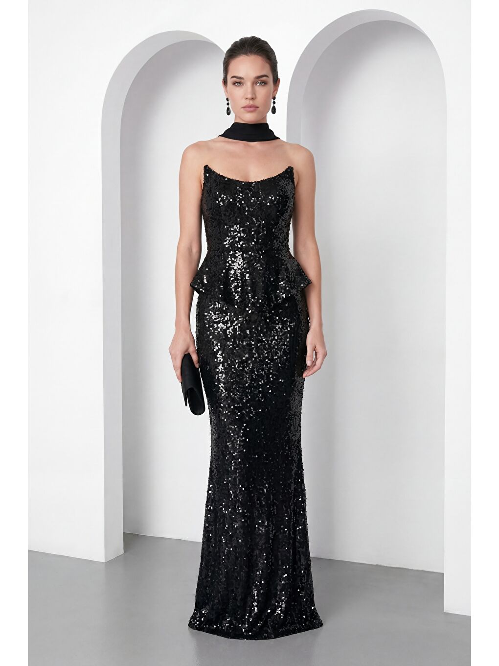 Kadın Siyah Şal Yaka Pul Payet Uzun Balık Abiye Elbise-2