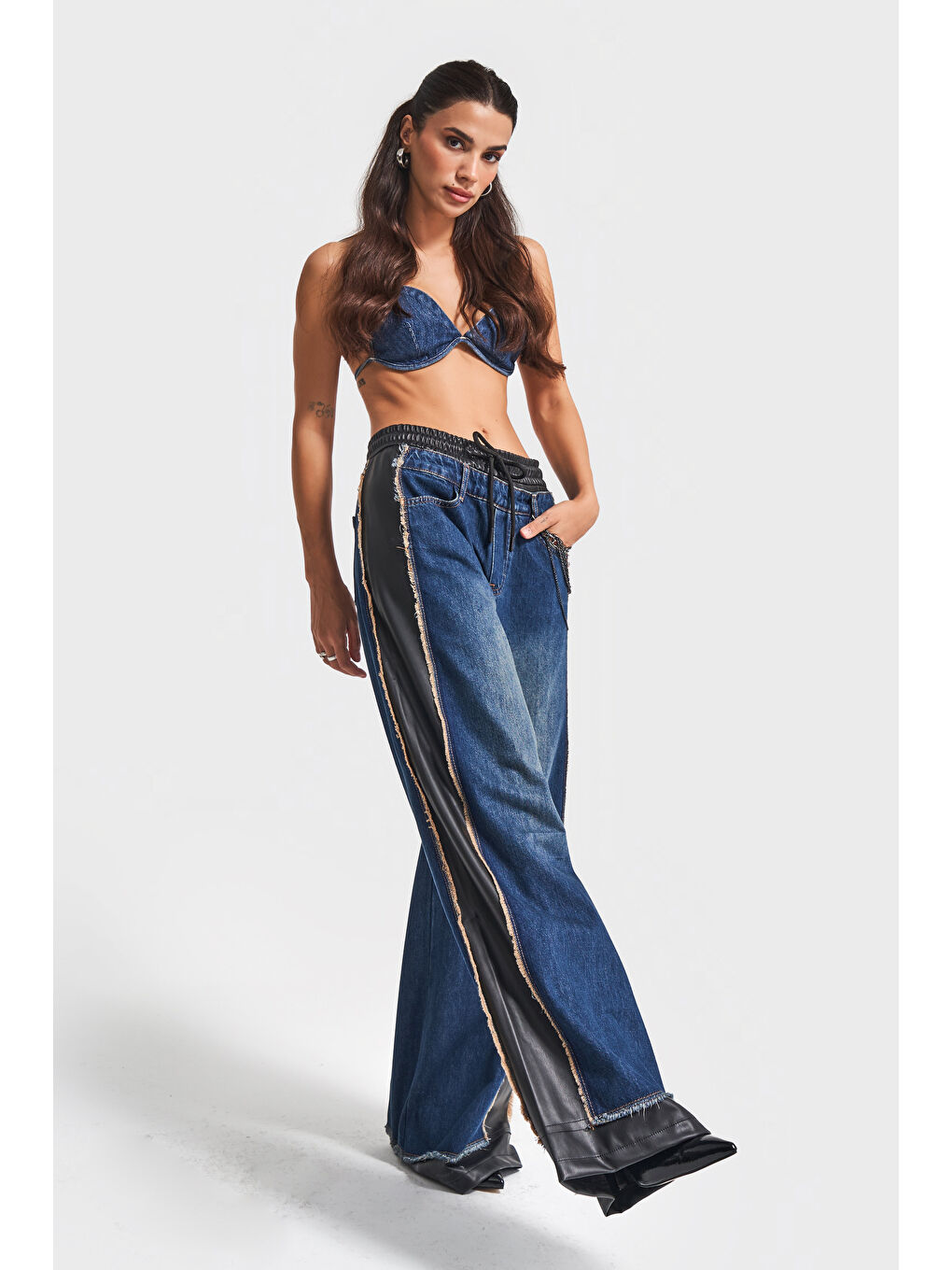 Mavi Kadın Jean Rengi Palazzo Fit Deri Denim Karışımlı Özel Tasarım Denim Jean-3