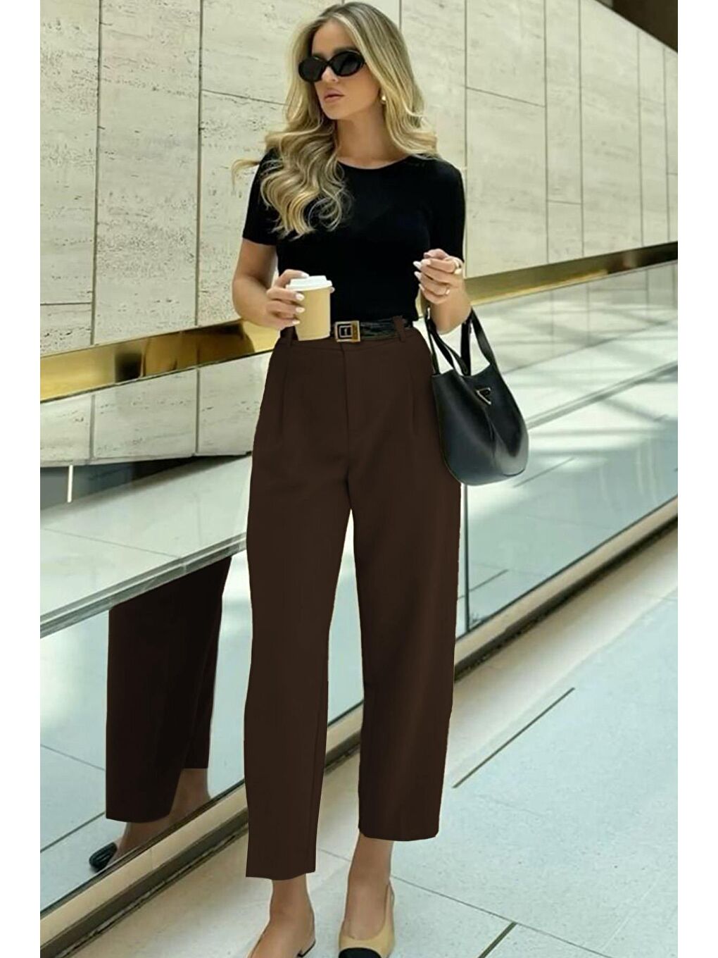 Kahverengi Yüksek Bel Pileli Kadın Kumaş Pantolon Mg2507