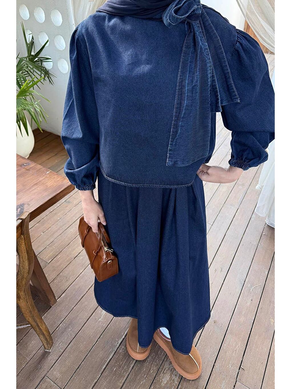 Fiyonk Detaylı Denim Takım Koyu Mavi-2