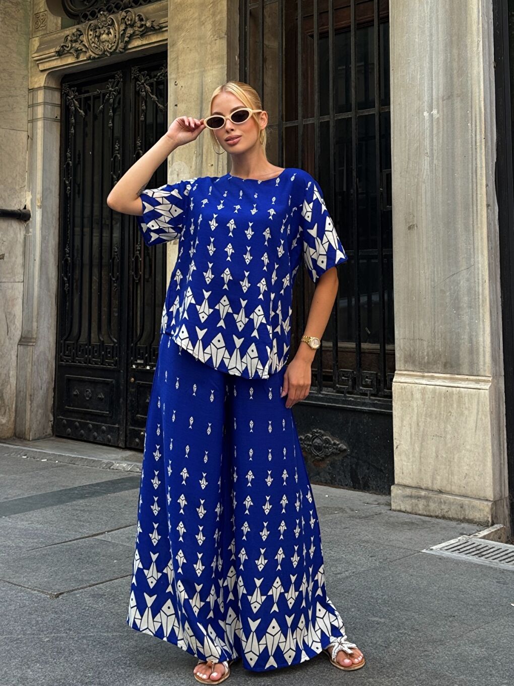 Mavi Viskon Kumaş Desenli Bol Paça Alt Üst Takım-2