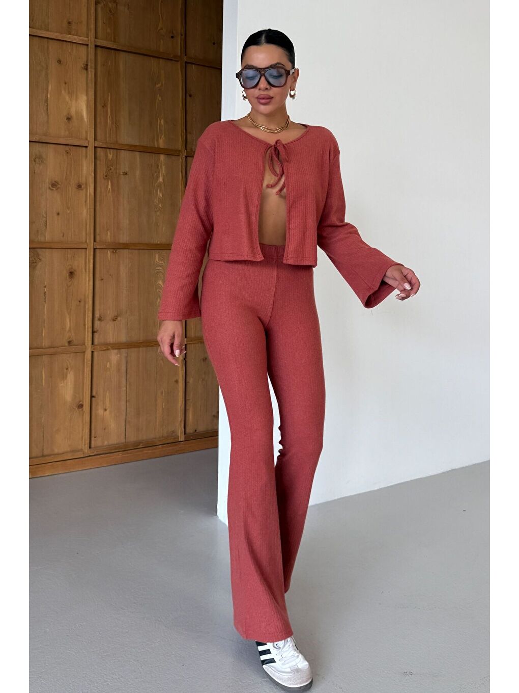 Turuncu Kadın Kiremit Önden Bağcık Detay Fitilli Crop Pantolon Takım-2