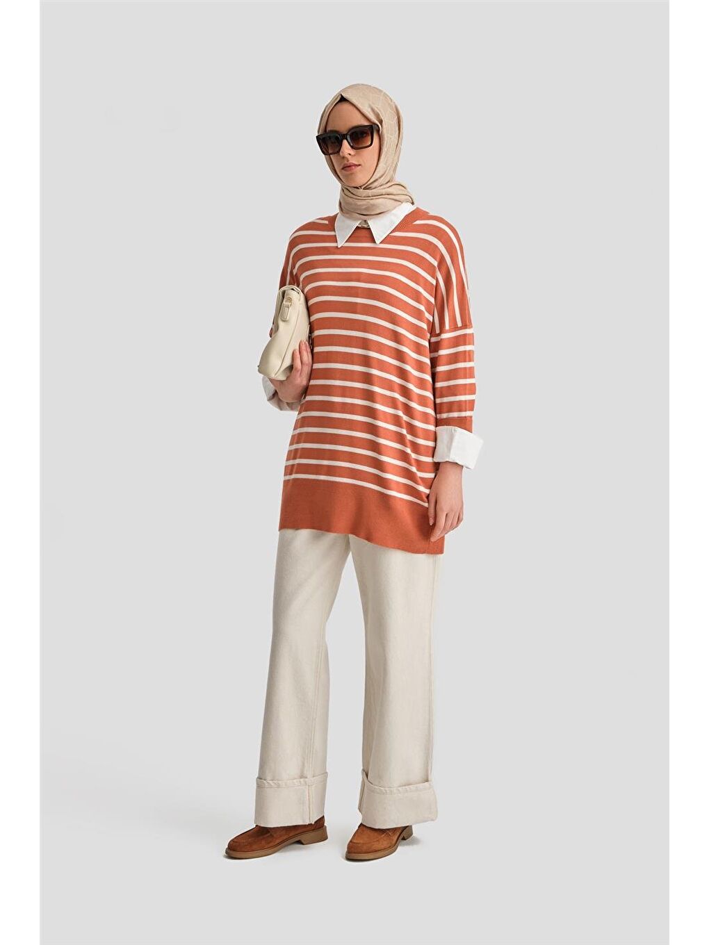 Turuncu Çizgili Triko Tunik 24Kd2007 Oranj