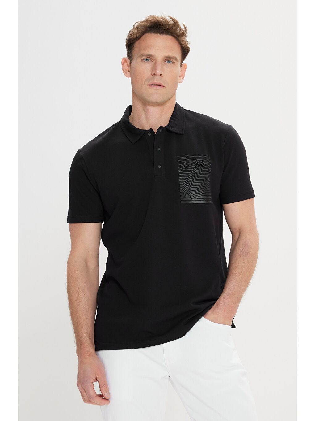 Erkek Siyah Slim Fit Dar Kesim %100 Pamuk Baskılı Polo Yaka Tişört-2