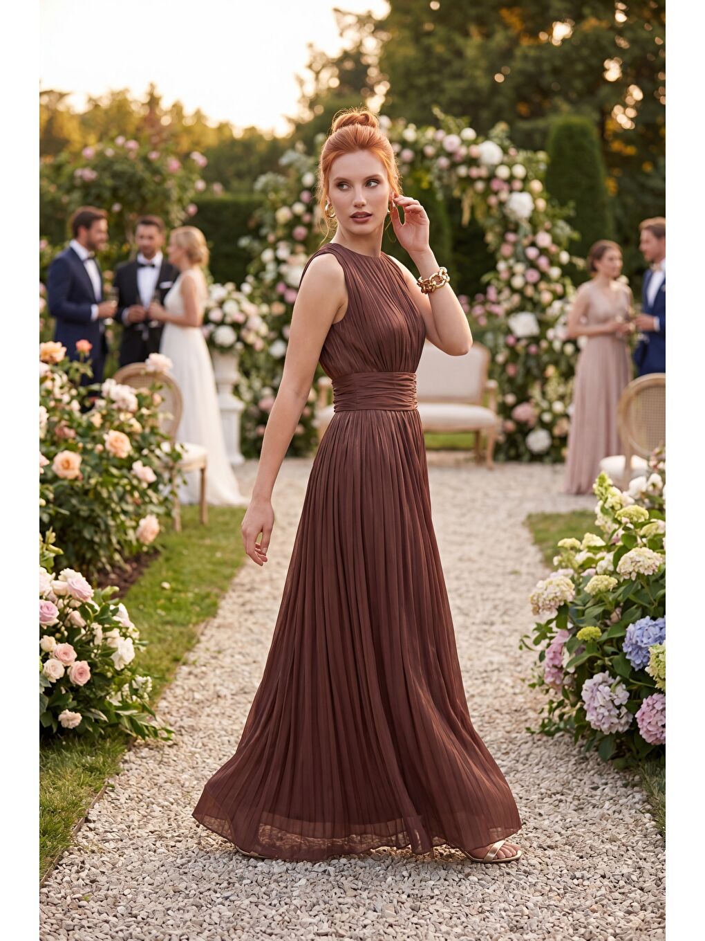 Kadın Kahverengi Bisiklet Yaka Pileli Uzun Davet Elbisesi-4