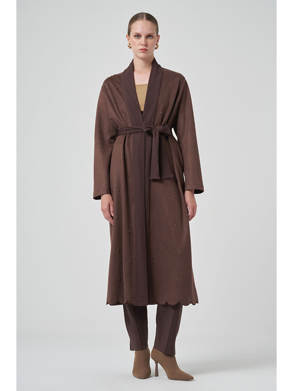 Boncuk İşlemeli Triko Kemer Detay Süet Kap Ceket 6001 Kahverengi-4