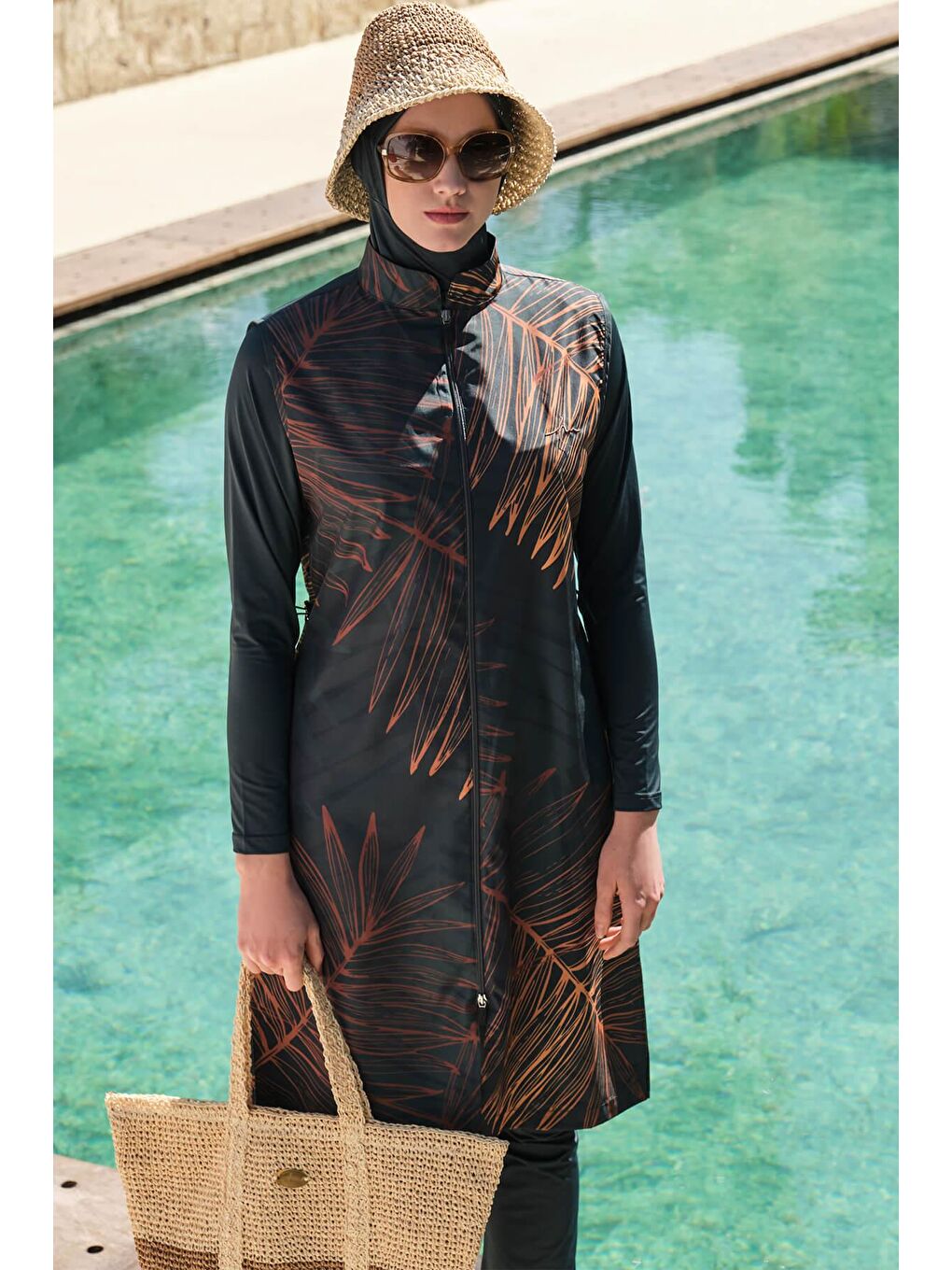 Gold Yaprak Detaylı Jileli Yeşil 5 Parça Tam Tesettür Mayo Takımı 3049