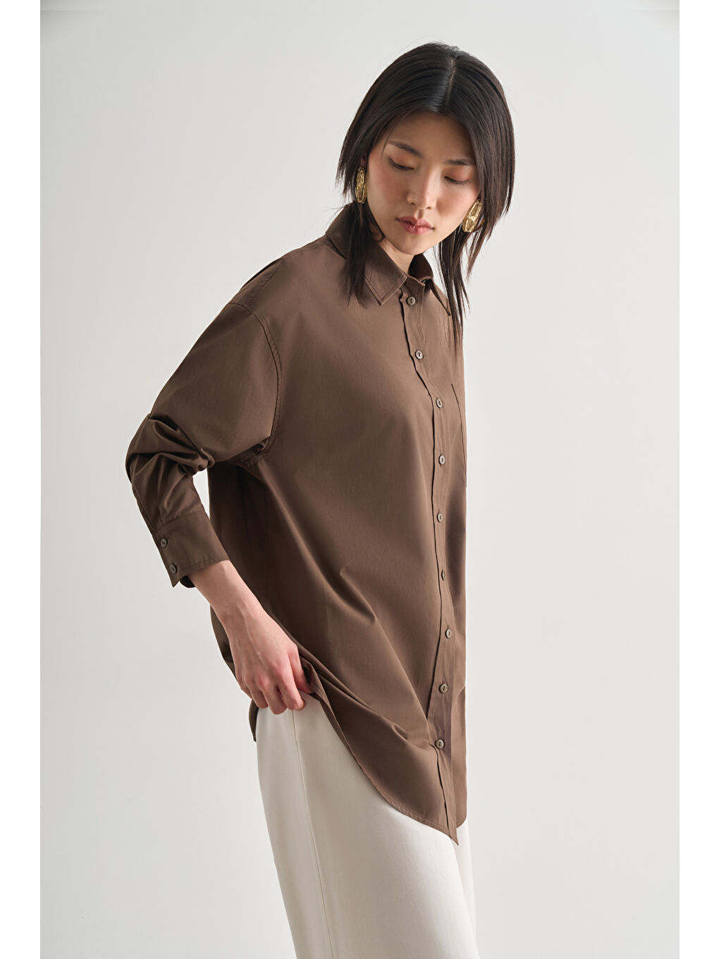 Premium Saf Pamuk Kahverengi Oversize Gömlek-1