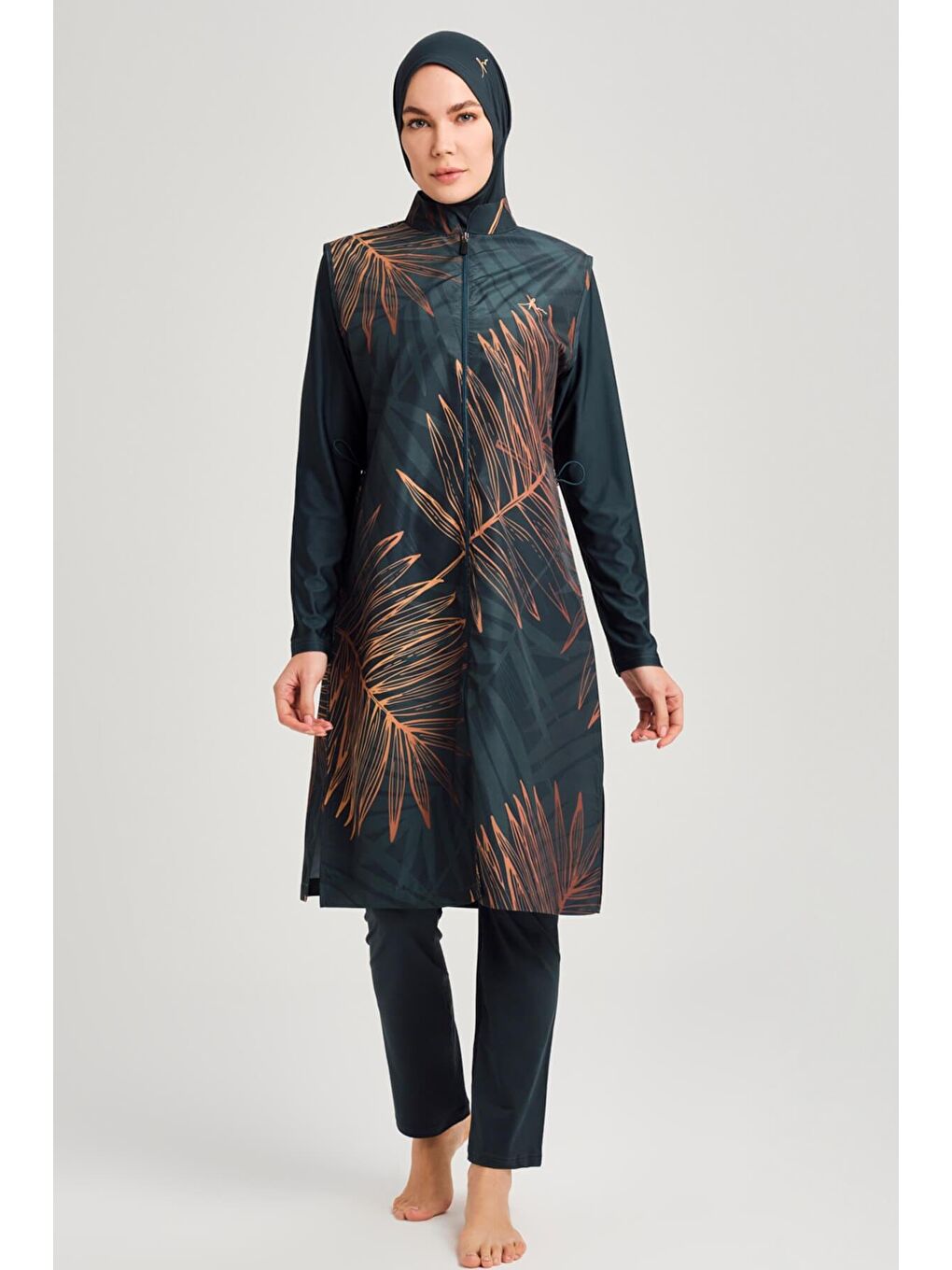 Gold Yaprak Detaylı Jileli Yeşil 5 Parça Tam Tesettür Mayo Takımı 3049-1