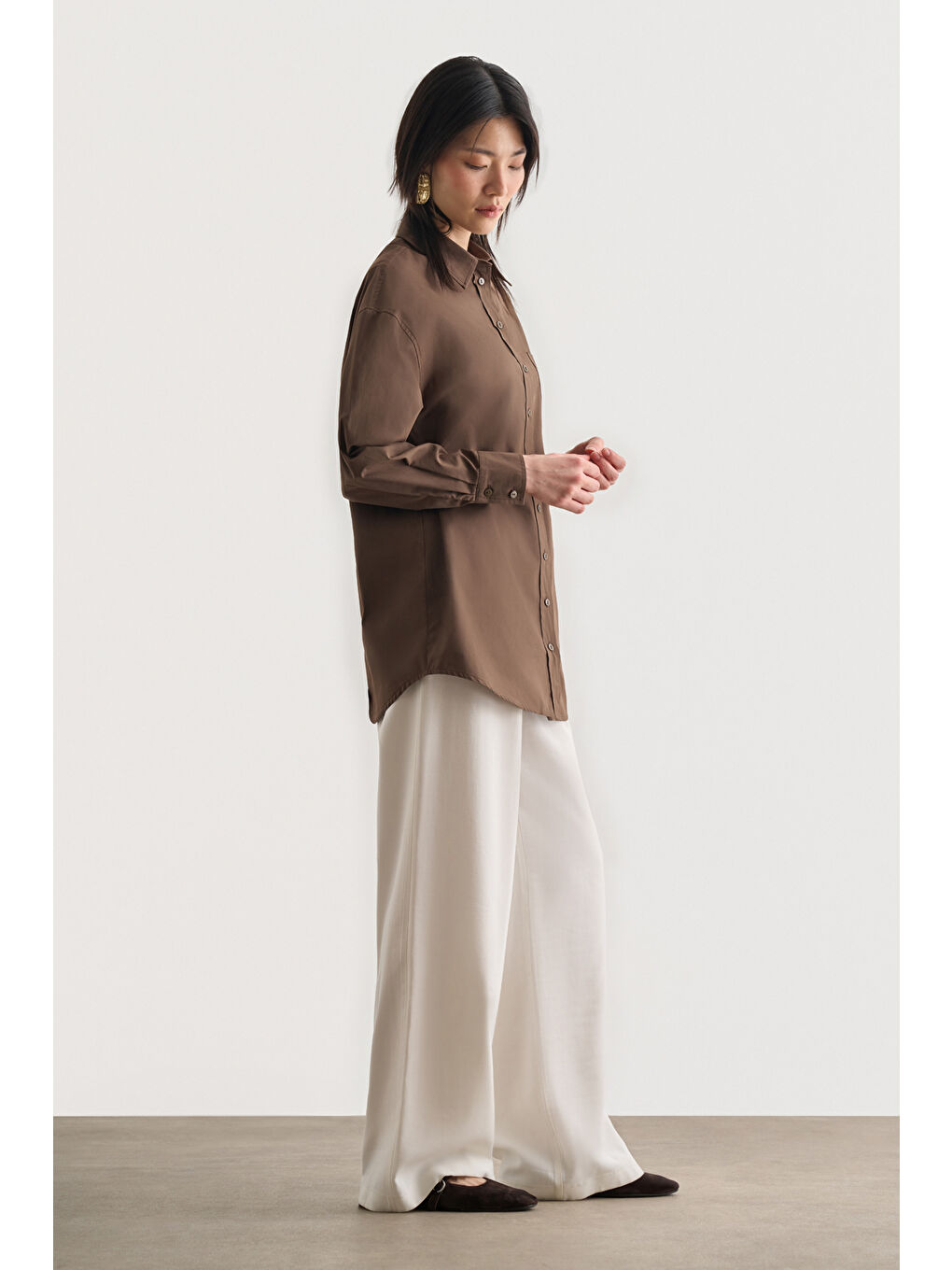 Premium Saf Pamuk Kahverengi Oversize Gömlek-2